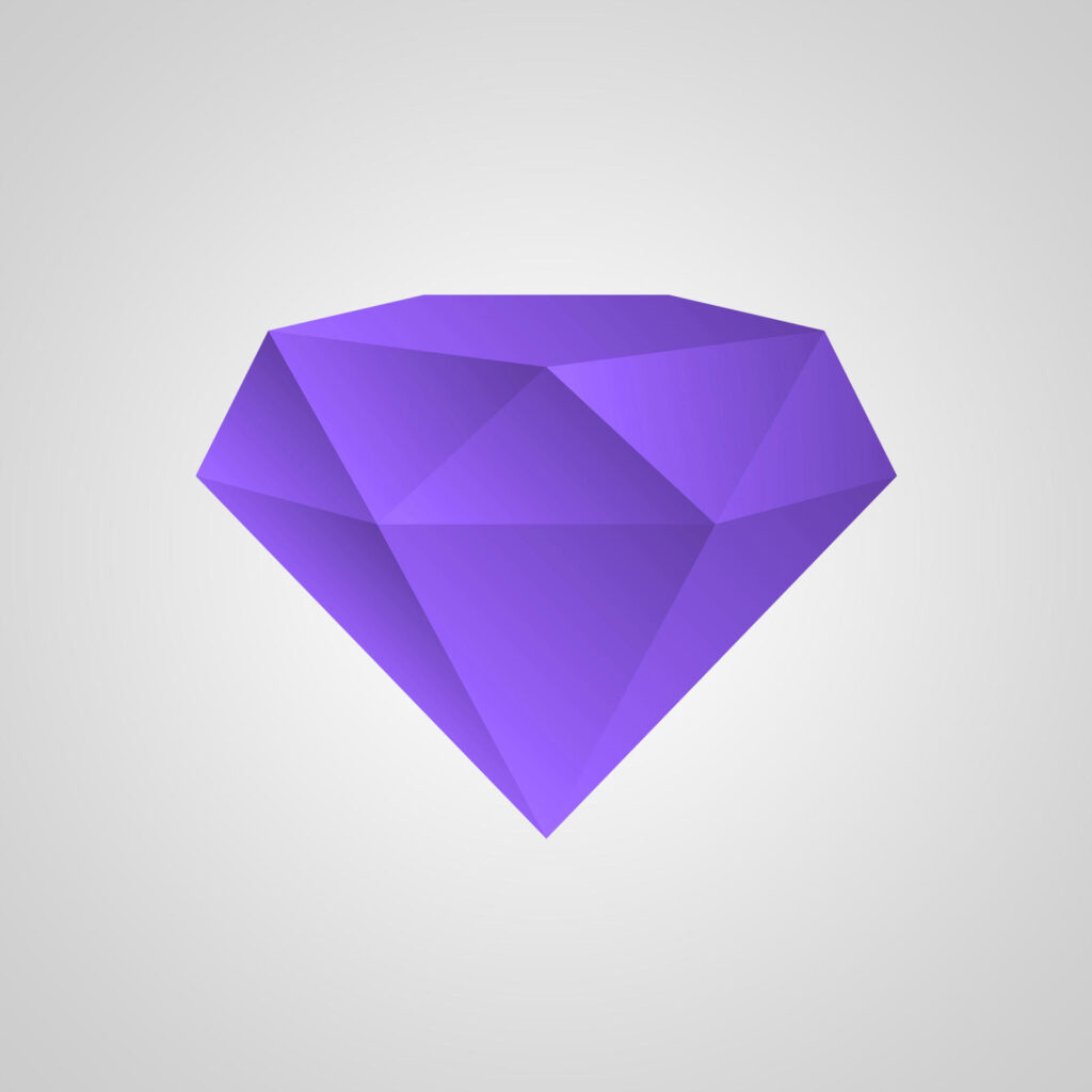Geometrisch gestalteter lila Diamant mit facettiertem Design auf grauem Hintergrund.