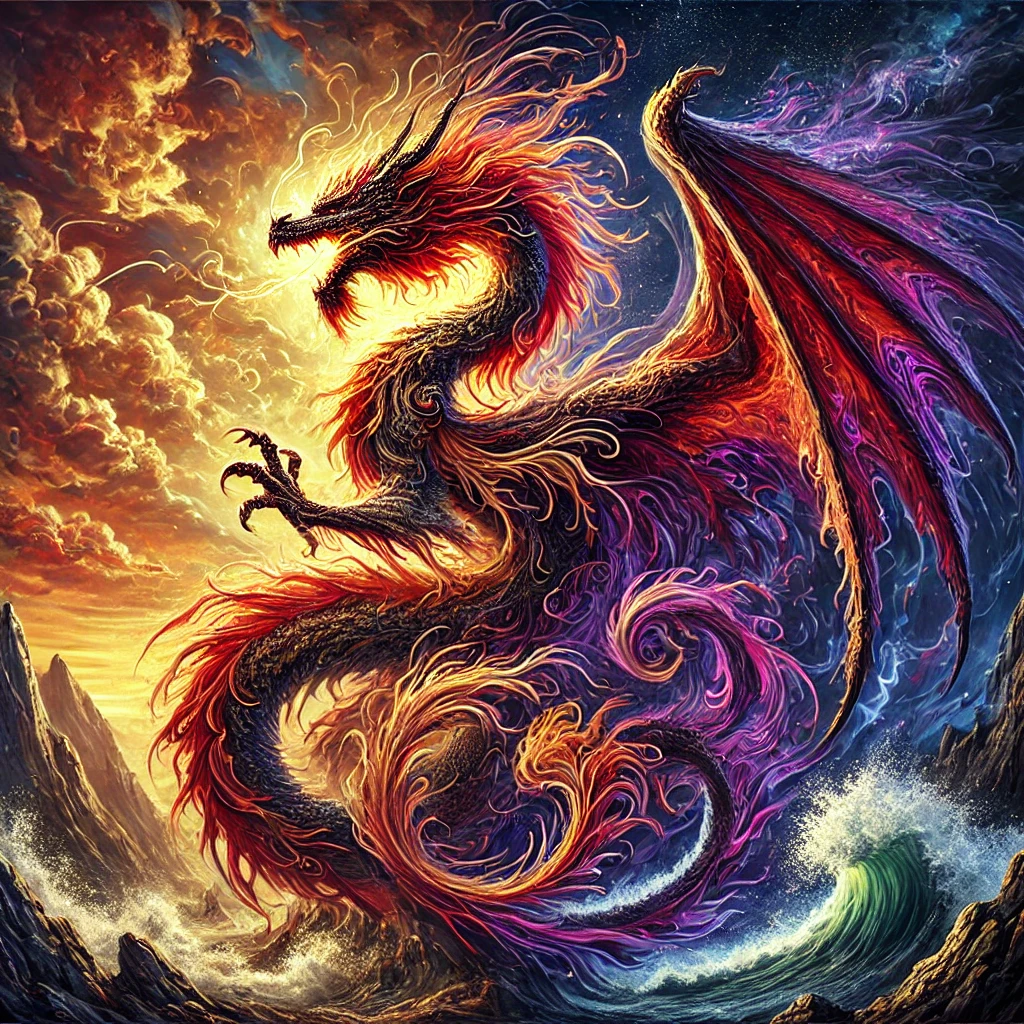 Ein fantasievoller Drache mit leuchtenden, bunten Flammen und Schuppen vor einem dramatischen Himmel.
