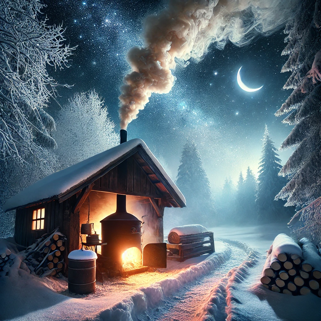 Eine Holz-Hütte im Winter mit rauchendem Schornstein und schneebedeckten Bäumen unter einem sternenklaren Himmel.