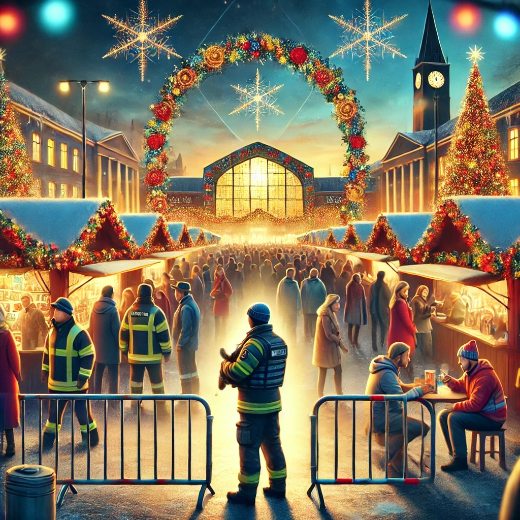 Weihnachtsmarkt mit festlichen Ständen, Lichtern und Menschenmengen in einer winterlichen Umgebung.