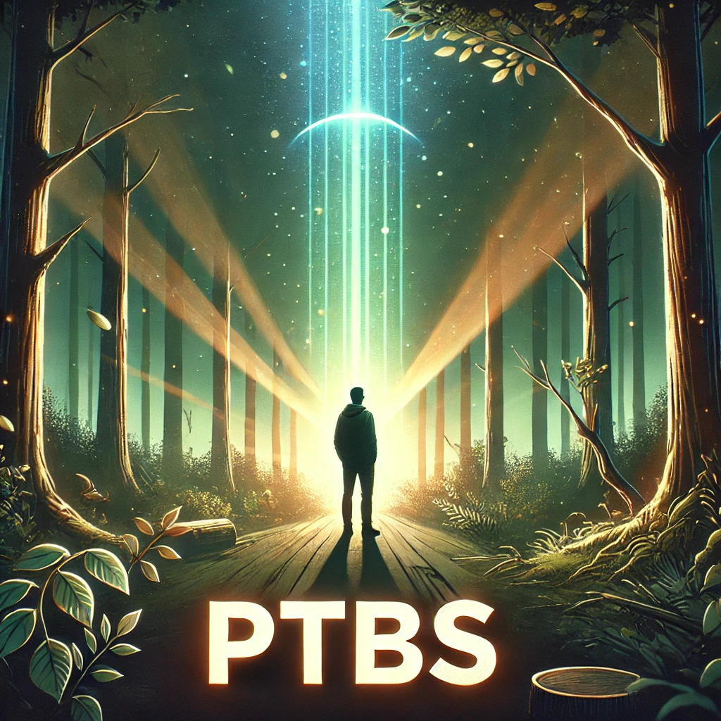 Person steht in einem Wald, umgeben von Lichtstrahlen und Bäumen, mit dem Schriftzug 'PTBS'.