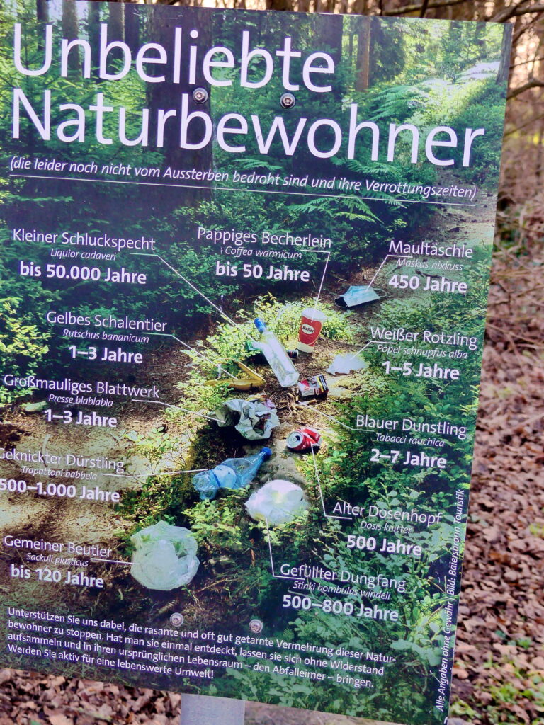 Infotafel über unbeliebte Naturbewohner mit Informationen zu verschiedenen Arten und deren Lebensdauer in einem Waldgebiet.