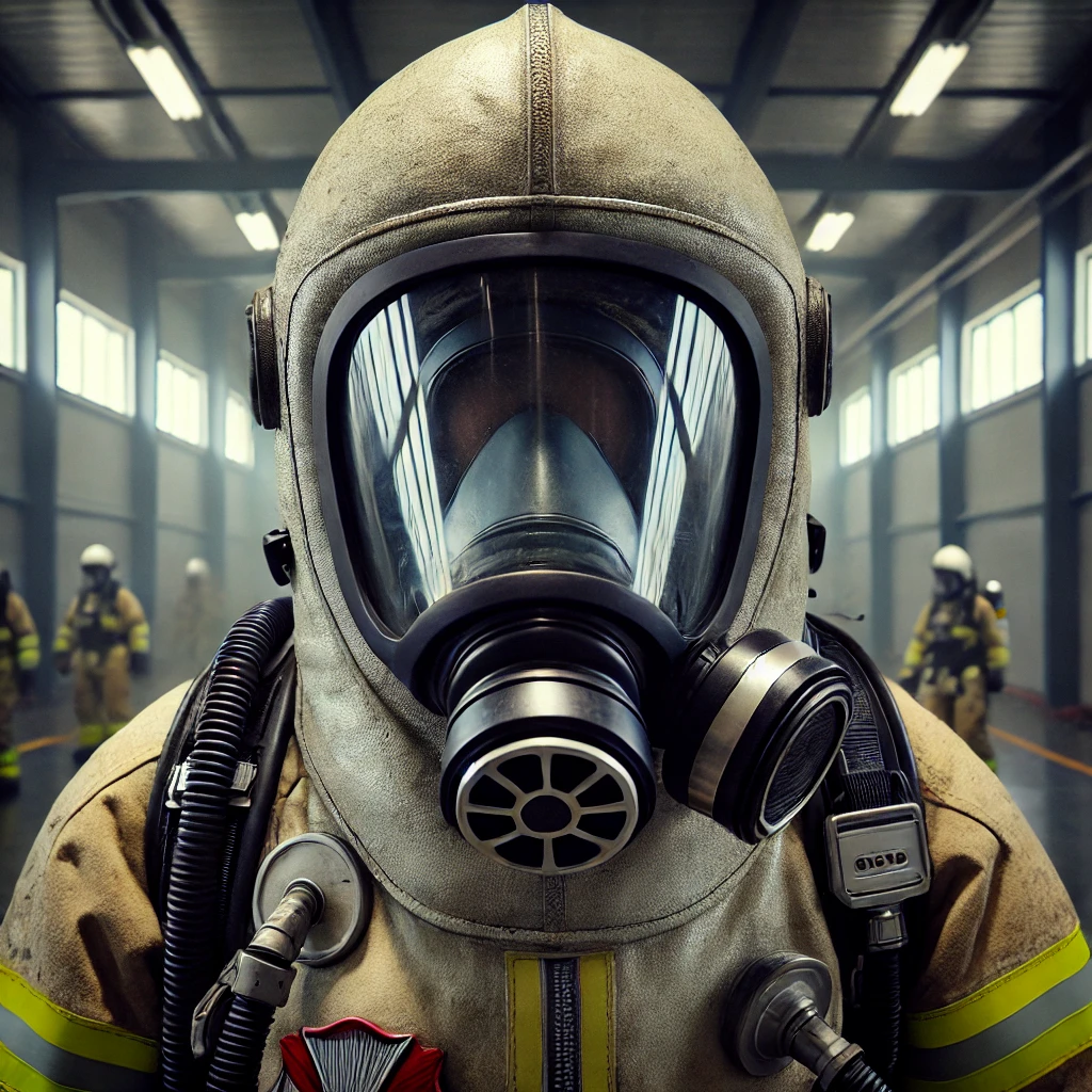 Ein Feuerwehrmann trägt einen Schutzanzug mit Atemschutzgerät und Helm in einer Halle.