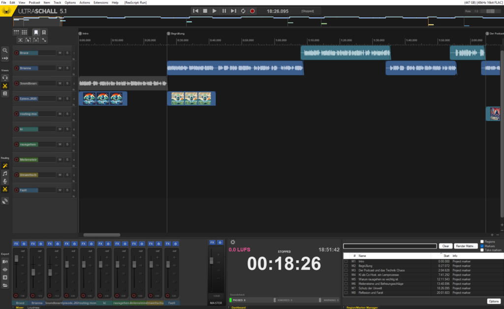 Benutzeroberfläche einer Audio-Editing-Software mit mehreren Spuren und Steuerungen.