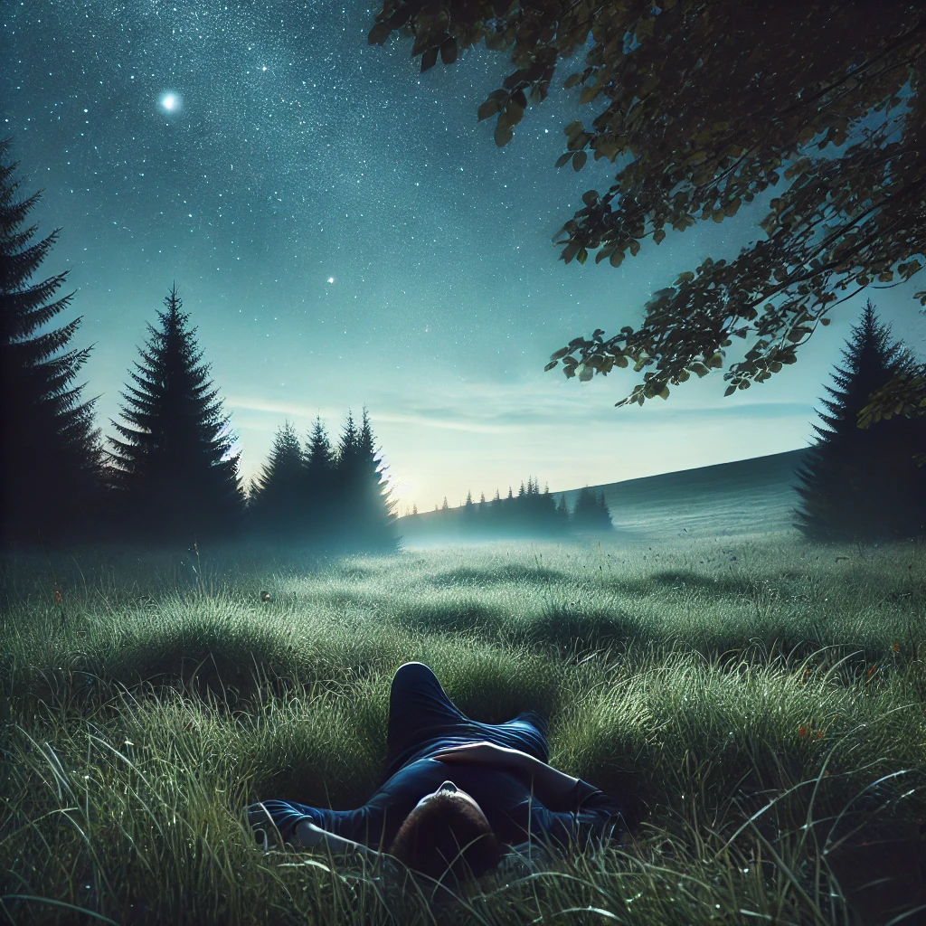 Eine Person liegt im Gras und schaut zum Sternenhimmel in einer bewaldeten Umgebung.