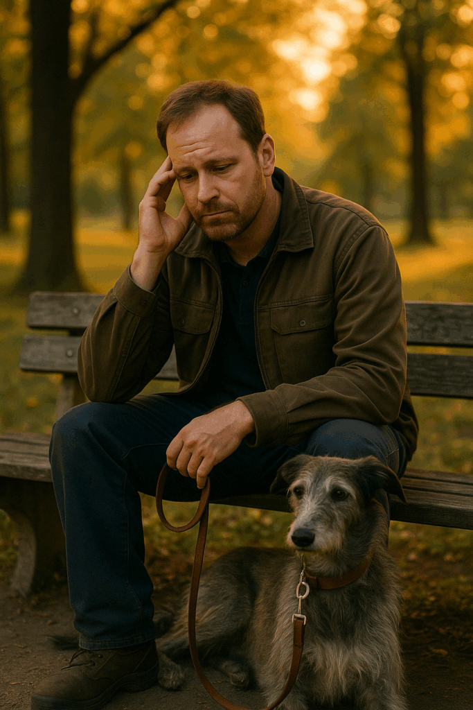 Ein nachdenklicher Mann sitzt auf einer Parkbank mit einem Hund an der Leine neben sich.