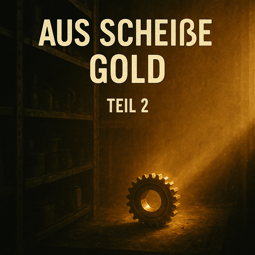 Buchcover mit dem Titel 'Aus Scheibe Gold Teil 2' und einem Zahnrad im Lichtstrahl.