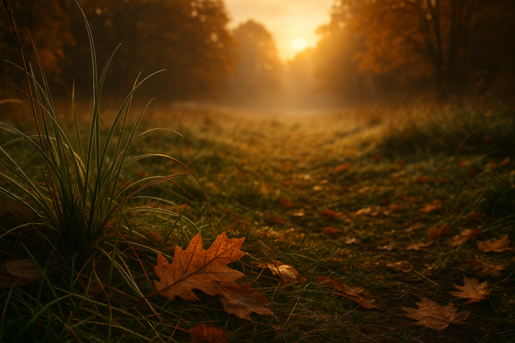 Herbstliche Szene mit grünem Gras und einem einzelnen, orangefarbenen Blatt auf dem Boden.