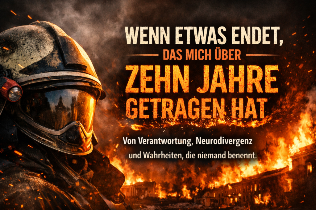 Grafik mit einem Feuerwehrmann in Schutzkleidung vor einer brennenden Landschaft und Text über Verantwortung und Wahrheiten.
