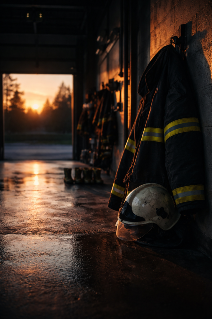 Feuerwehrjacke mit gelben Streifen und Feuerwehrhelm hängen an einer Wand in einer Feuerwache bei Sonnenuntergang.