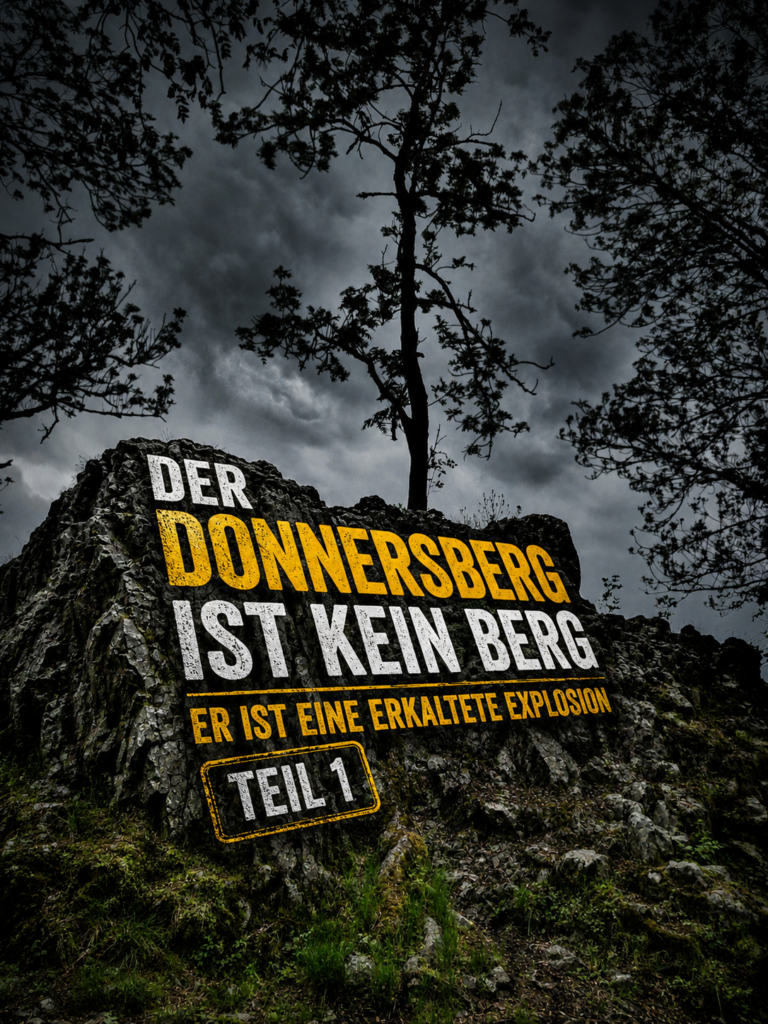 Vor steinernem Untergrund steht ein gelb-schwarzer Hinweis zum Donnersberg mit dem Text „Der Donnersberg ist kein Berg, er ist eine Erkaltete Explosion“ und „Teil 1“.