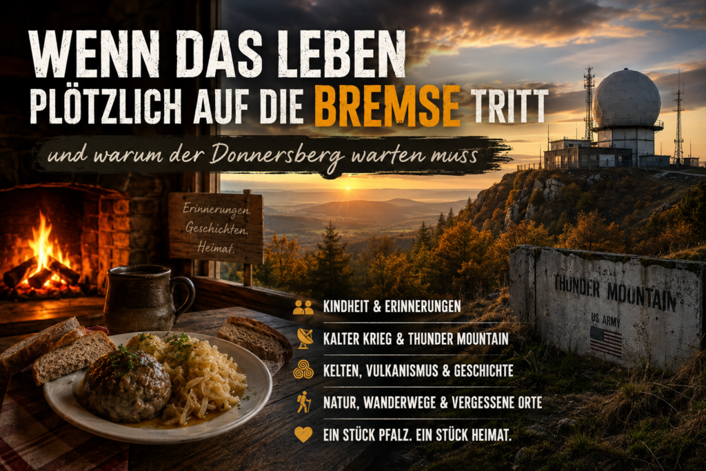 Beim Sonnenuntergang am Donnersberg steht ein Gebäude bei einer Feuerstelle, dazu groß gedruckt: „Wenn das Leben plötzlich auf die Bremse tritt“.